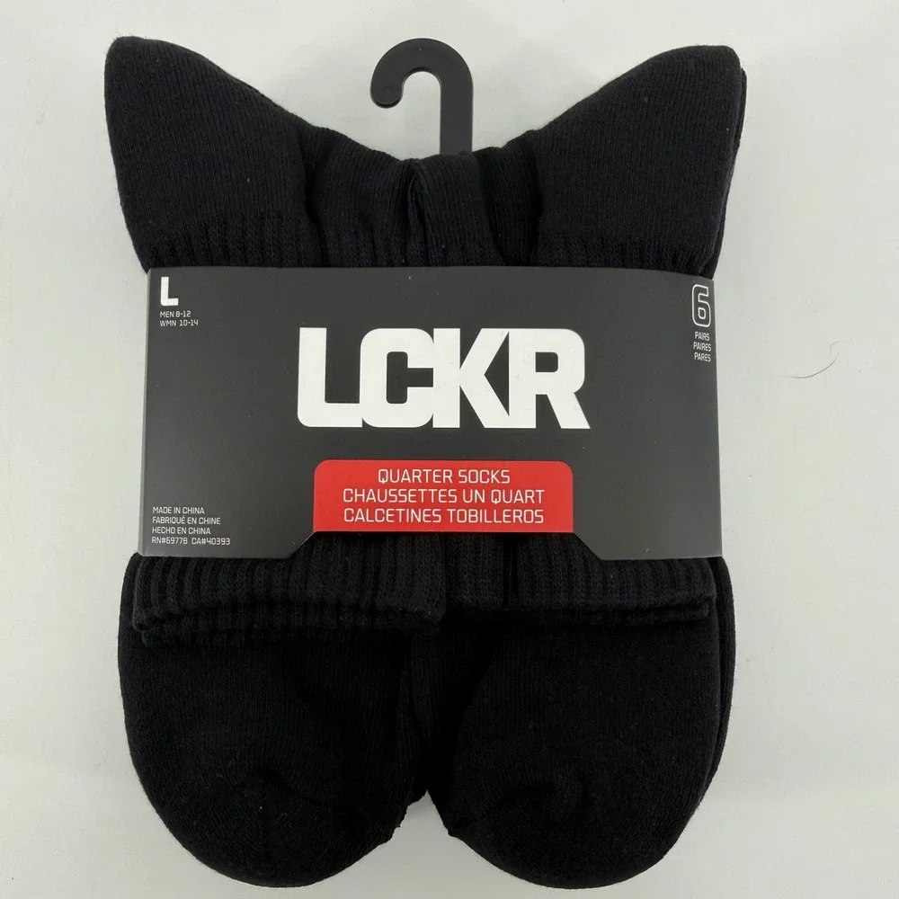LCKR Mens Quarter Socks 6 Pair Pack Black Half Cushion‎ Arch Support L LMAS001